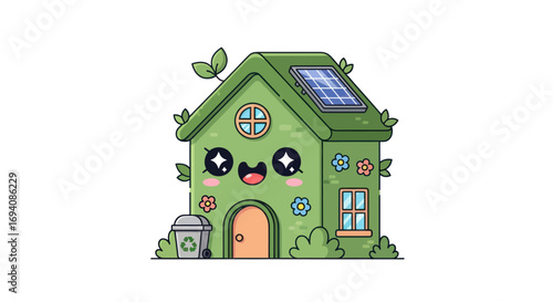 Cute Green Eco-Friendly House with Solar Panels and Recycling Bin, Cartoon Style.