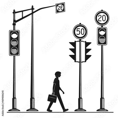 Traffic signals and pedestrian silhouette traffic lights