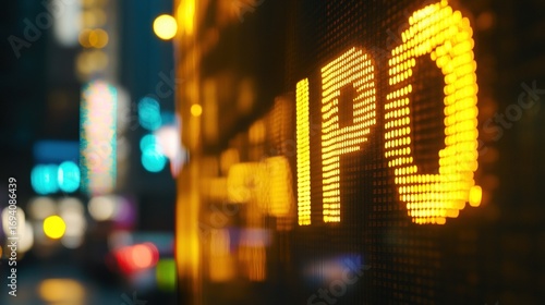 Close-up of golden stock market ticker displaying IPO with financial charts, symbolizing investment opportunities and capital market growth. Financial business and trading concept.
