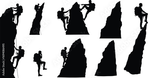 Black silhouettes of rock climber, scaling cliffs, boulders, steep walls, extreme sports, adventure, outdoor activity, vector illustration, dynamic climbing poses, isolated set