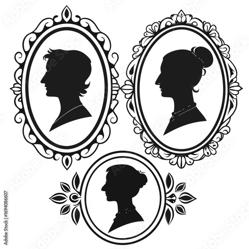 Vintage oval portraits of women in ornate frames silhouette