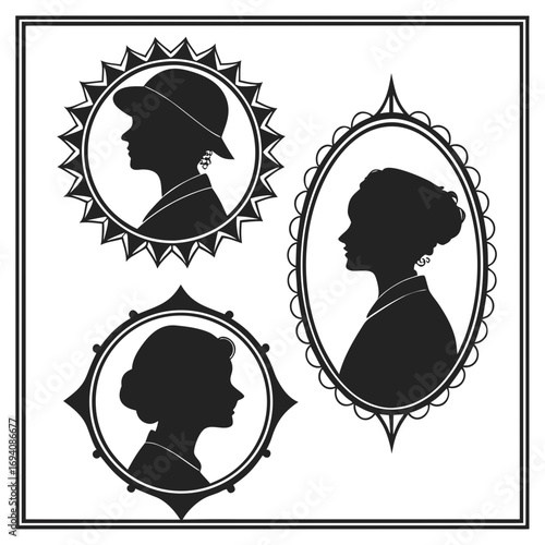 Vintage silhouette portraits in ornate frames cameo