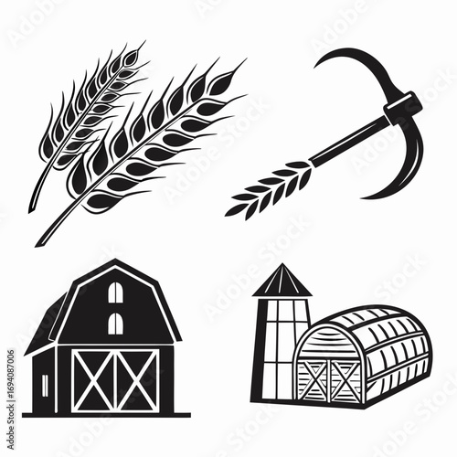 Wheat sickle barn silo greenhouse farm symbols grain