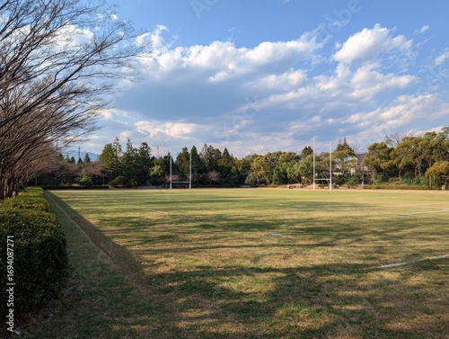 Open field with rugby posts under a partly cloudy sky