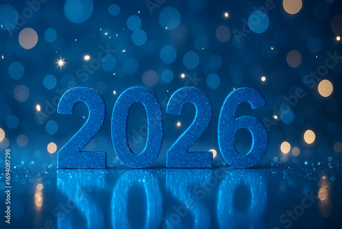New Year and Christmas 2025/2026. New Year's background. Festive mood. Postcard. Bright lights, blue background.