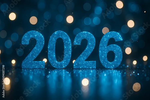 New Year and Christmas 2025/2026. New Year's background. Festive mood. Postcard. Bright lights, blue background.