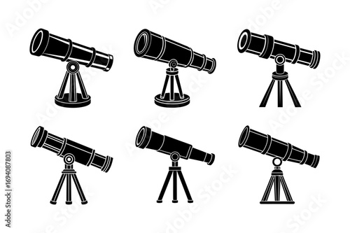 Telescope Silhouette Vector Illustration Set and Astronomy, Space Exploration, Stargazing, Night Sky Observation, Optical Science, Galaxy, Universe, and Educational Astronomy Equipment Collection.