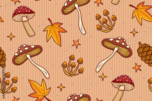 seamless autumn pattern with mushrooms leaves pinecones and stars For background fabric decoration 
