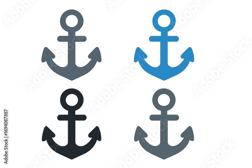 Anchor icon set vector graphic. Simple flat cartoon illustration collection. Nautical marine symbol for sea, ocean, boat, and ship. Maritime navy design element isolated.