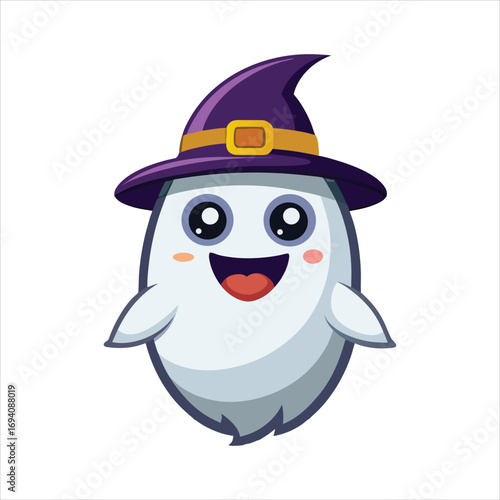 Magical Kawaii Ghost in Purple Witch Hat