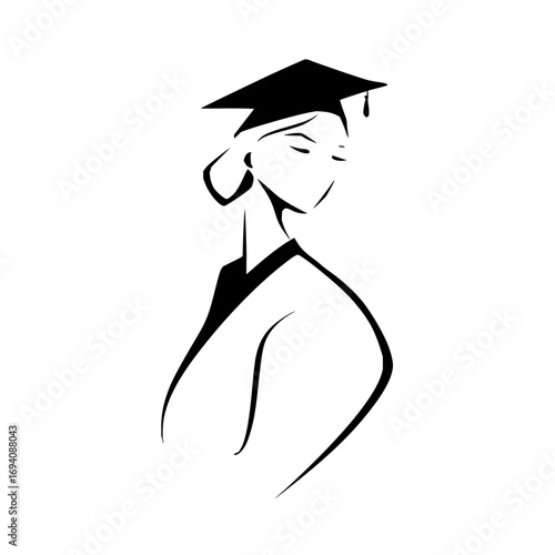 Stylized monochrome illustration of a graduate in cap and gown with minimalist design elements used