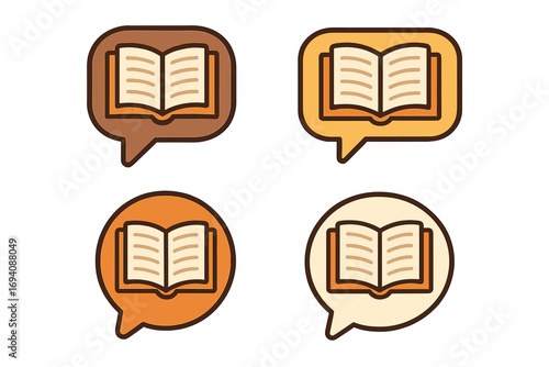Book in speech bubble icon set. Pictogram for reading, education, audiobook, storytelling concepts. Vector cartoon logo for library, school, book club, communication, chat.