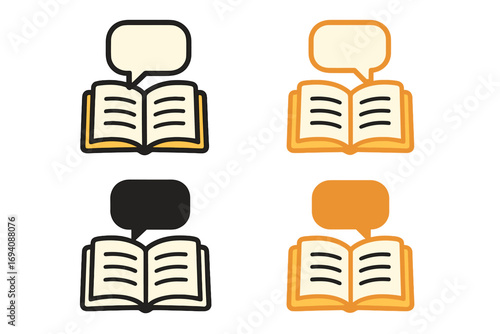 Audiobook and storytelling vector icon set. Open book with speech bubble symbol. Concept for knowledge, education, learning, communication, book club, review, library pictogram.
