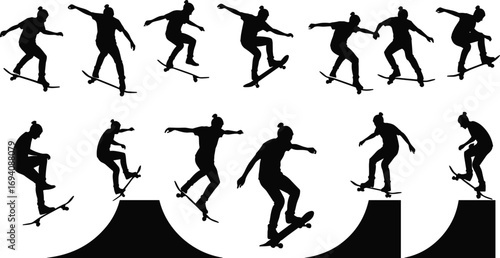 Black silhouettes of skateboarder performing tricks, ramps, jumps, flips, ollies, extreme sports, urban lifestyle, vector illustration, dynamic action poses, isolated set