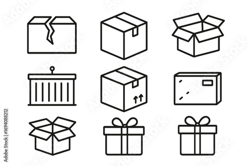 Boxes line icon collection. Shipping, delivery, and logistics symbols. Open, closed, and broken parcel. Container and gift box outline signs for web design, apps. Vector.