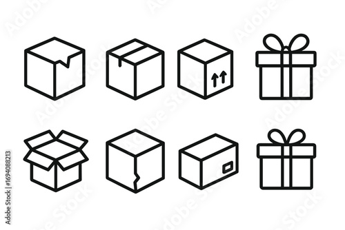 Boxes line icon set. Shipping, delivery and packaging signs. Parcel, container, giftbox outline symbols for web design. Vector illustration of open, closed, broken box.