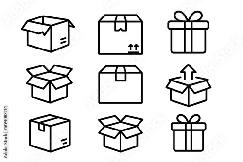 Boxes line icon set. Package, parcel and giftbox outline signs. Shipping container and delivery cardboard pictogram. Vector illustration for web, apps, and logistics services.