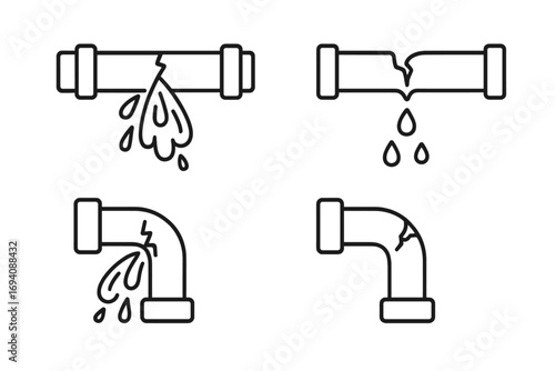 Broken pipe line icon set. Water leak, burst pipeline, and plumbing problems concept. Damaged tube with dripping water. Vector illustration for emergency repair service.