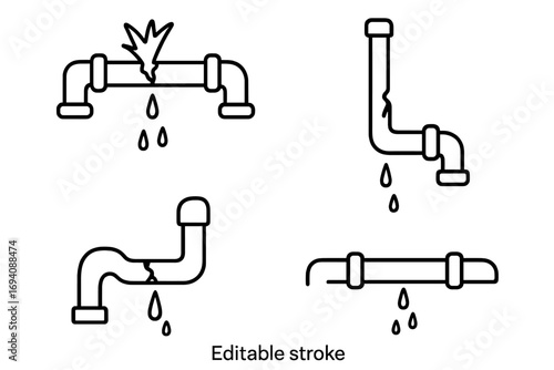 Broken pipe icon set with editable stroke. Leaking water tube, plumbing burst, and pipeline damage concept. Vector line art illustration for water leak, drip, and repair service.