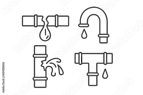 Broken pipe water leak icon set. Plumbing repair service symbol. Leaking pipeline, burst tube, water damage, dripping faucet. Emergency plumber pictogram collection. Vector.