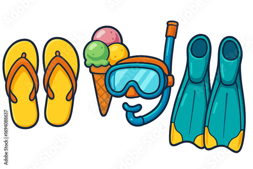 Summer beach essentials set with flip-flops, ice cream, snorkel mask, and flippers. Cartoon vector collection for vacation, holiday, travel. Seaside recreation, diving equipment.