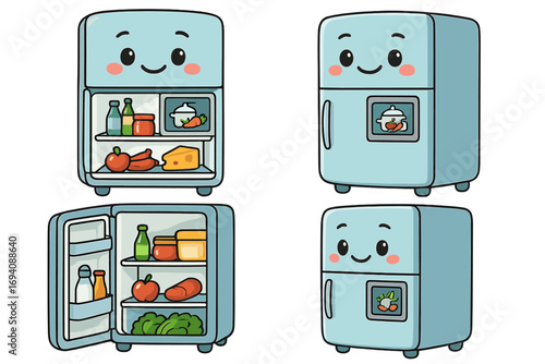 Cartoon refrigerator character set. Cute kawaii fridge mascot, open with healthy food and closed with a smart display. Vector illustration collection of a kitchen appliance.