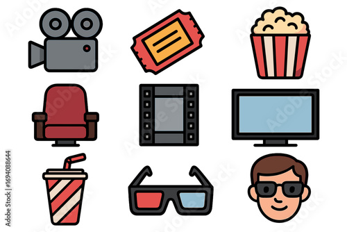 Cinema and movie entertainment icon set. Vector collection with film camera, ticket, popcorn, 3D glasses, filmstrip, and theater seat. Flat cartoon illustration for design.