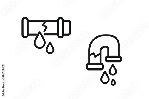 Broken pipe outline icon set. Vector illustration of leaking water pipes. Concept for plumbing emergency, water damage, leak repair, and pipeline problem. Dripping drops.
