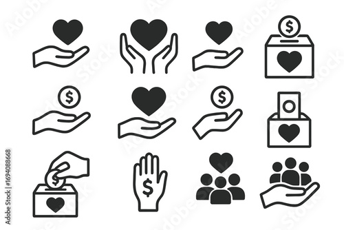 Charity and donation icon set. Volunteer, giving, and support symbols. Collection of hands, hearts, and money icons for fundraising, nonprofit, and humanitarian aid.