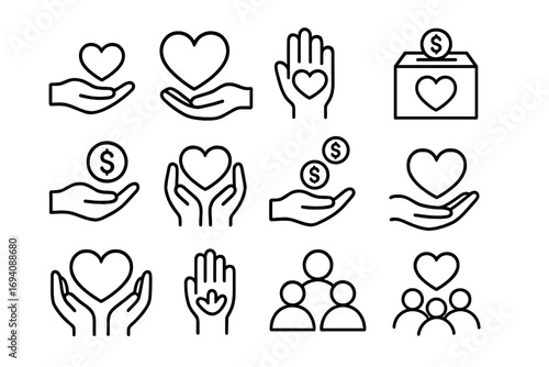 Charity and donation line icon set. Vector symbols of volunteering, giving, community support, and help. Minimalist icons of hands, hearts, money, and people for care.