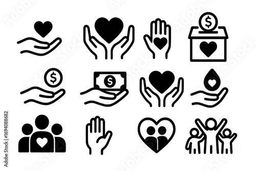 Charity and donation icon set. Vector collection of minimal glyphs for volunteering, support, and giving. Includes hands, hearts, money, and community symbols. Nonprofit concept.