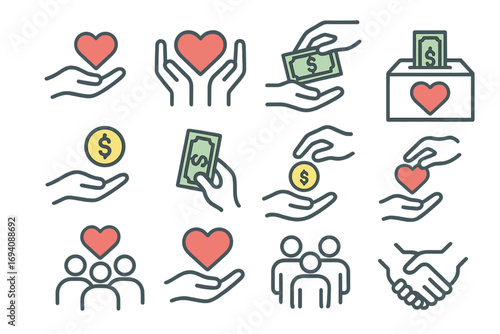 Minimal linear icons set illustrating charity donation volunteering with hands giving heart money coin cash handshake group people box care kindness community concept colorful outline symbols