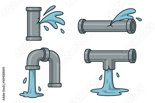 Broken pipes vector icon set. Water leak, burst pipeline, plumbing damage cartoon illustration. Plumber service concept. Leaking pipe with water flow, splash, and puddle.