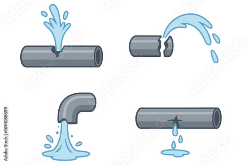 Broken pipe icon set. Water leak, burst pipe, plumbing problem concepts. Cartoon vector illustration of water damage, emergency repair, dripping, and spraying from pipes.