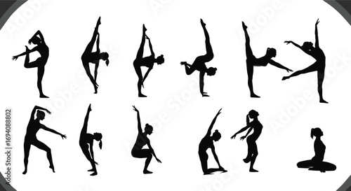 Dance and gymnastics silhouette sequence, flexibility and balance poses, artistic movement illustration, human body expression, dynamic posture reference for fitness and art