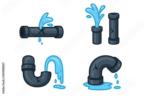 Broken pipe vector icon set. Cartoon illustration of a water leak, plumbing damage, and burst pipeline. Leaking, dripping, gushing water from cracked pipes. Emergency repair concept.