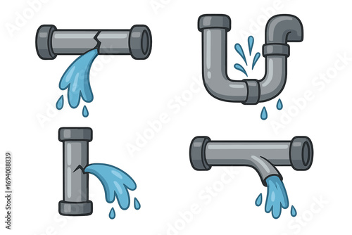 Broken pipe vector icon set. Cartoon illustration of a water leak, burst pipeline, and plumbing damage. Concept for system failure, emergency repair, and waterworks.