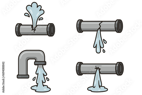 Broken pipes vector icon set. Water leak and burst pipe cartoon illustration collection. Plumbing problem, damage, and emergency concepts. Dripping, spraying water flow.