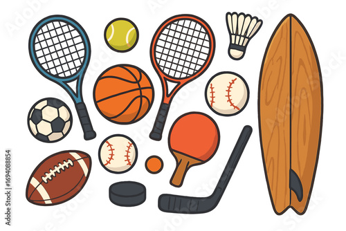 Sports equipment set vector cartoon collection. Tennis, basketball, soccer, football, baseball, surfing, badminton, hockey, table tennis icons. Recreation and competition gear.