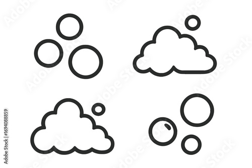Bubble and foam line icon set for web and graphic design. Vector illustration of soap suds, fizzy pop, and effervescent water. Minimal symbols for laundry and cleaning.
