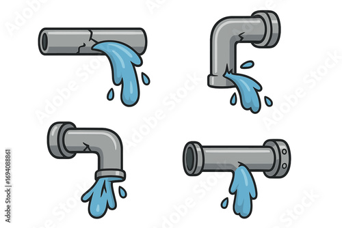 Broken pipe vector icon set. Water leak from damaged pipeline cartoon illustration. Plumbing problem, burst pipe, water supply leakage, and drainage system repair concept symbol.