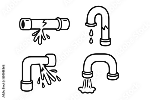 Broken pipe vector icon set. Leaking water, burst pipeline, plumbing problem illustration. Line art cartoon of cracked pipes dripping, spraying, gushing water for repair service.