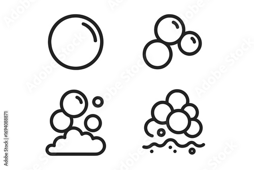 Bubble and foam outline icon set. Soap suds and fizz collection. Vector symbols for cleaning, washing, hygiene. Effervescent water, soda, or beer bubbles illustration.