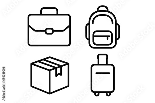 Bags and luggage line icon set. Briefcase, backpack, package, baggage outline icons. Vector symbols for travel, business, shipping, school. Web and app design elements.