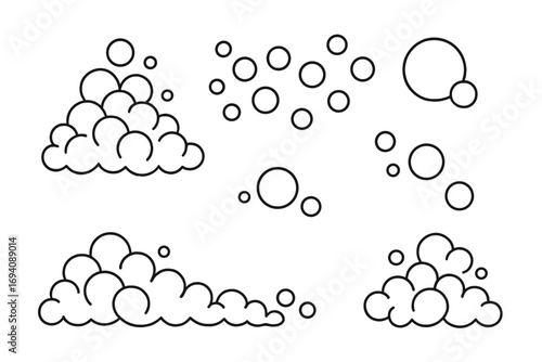 Soap foam bubbles vector line icon set. Collection of bath suds, laundry detergent lather, and fizzy soda pop carbonation. Clean water, shampoo, and underwater oxygen.