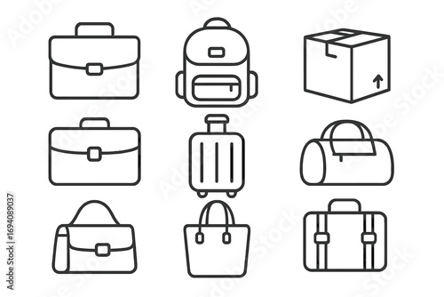 Bags and luggage line icon set. Vector collection of outline symbols. Briefcase, backpack, package, suitcase, travel bag, handbag pictogram for web and app design. Minimalist thin line icons