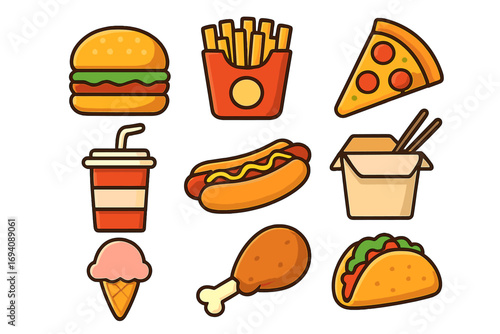 Fast food icon set. Vector cartoon collection of popular takeout food. Burger, pizza, fries, hot dog, soda, taco, ice cream, chicken and chinese food for delivery menu.
