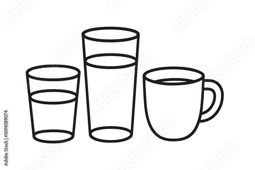 Set of drink icons. Water glass, coffee mug, and tea cup. Simple line art for a menu, bar, or cafe. Beverage outline symbols. Hydration and refreshment concept. Vector illustration.