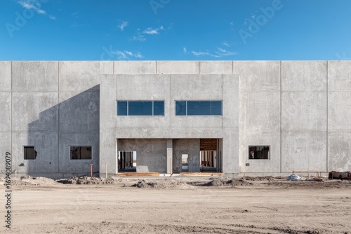 Exterior of a light gray concrete warehouse under construction