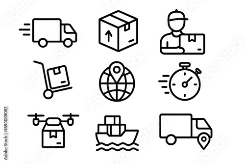 Vector line icon set of logistics and delivery. Shipping service signs. Fast transport, parcel, cargo, worldwide shipping, courier, drone, truck, ship outline pictograms.